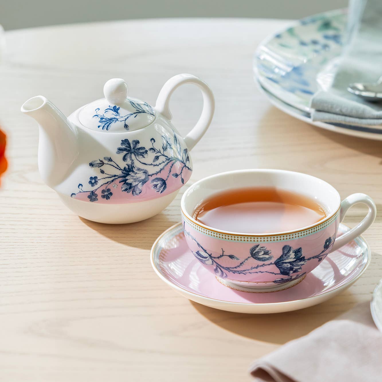 Blue Blossom Pink Fine Porcelain Tea Set for One