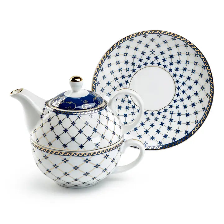 Trellis Blue Gold Fine Porcelain Tea For One Set