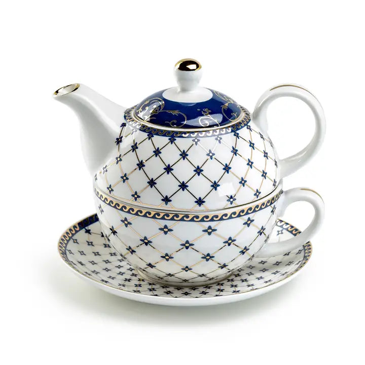 Trellis Blue Gold Fine Porcelain Tea For One Set