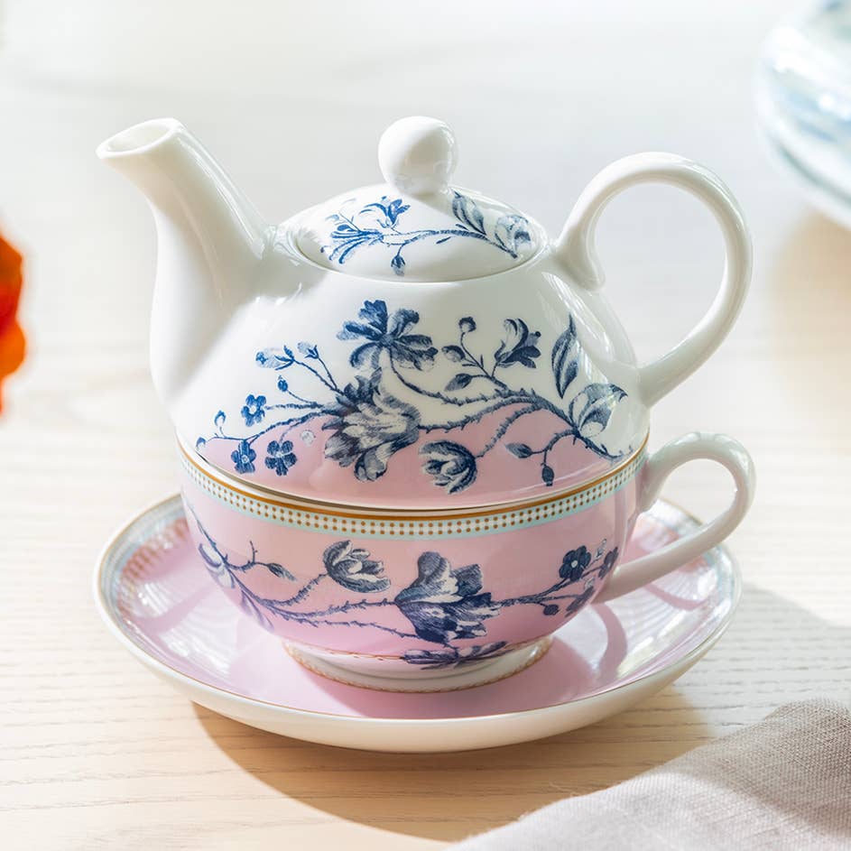Blue Blossom Pink Fine Porcelain Tea Set for One