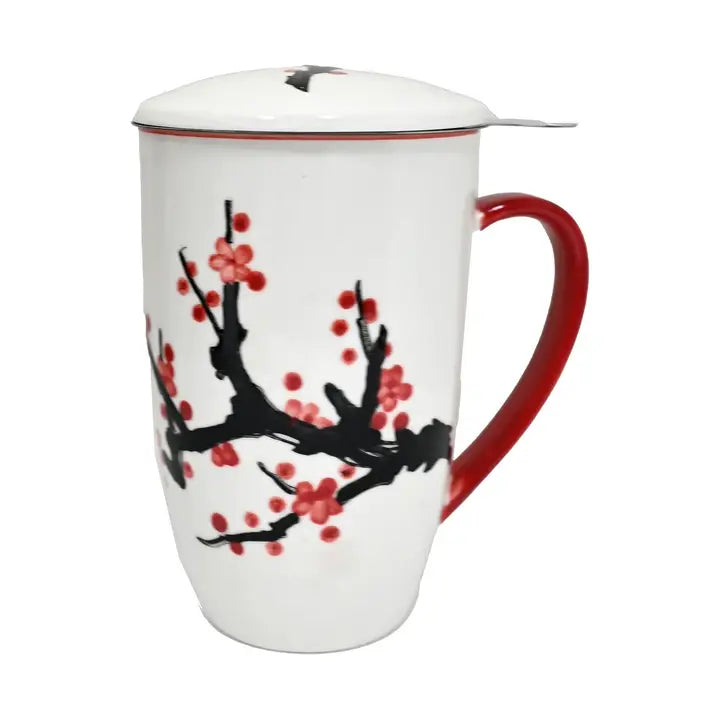 Sakura Cherry Blossoms Design 15oz Tea Mugs with Lid and Infuser For Loose Leaf Tea