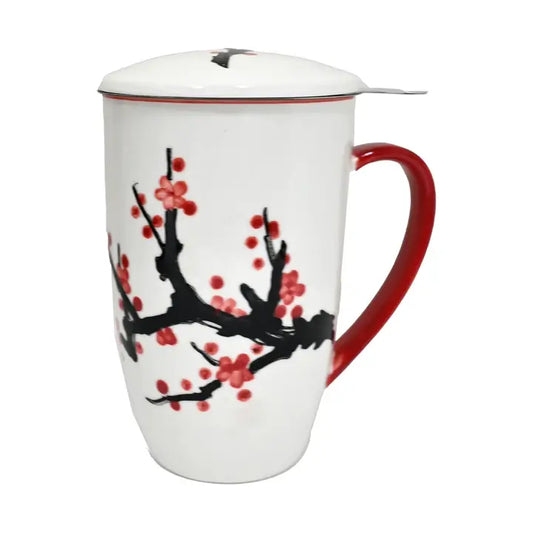 Sakura Cherry Blossoms Design 15oz Tea Mugs with Lid and Infuser For Loose Leaf Tea