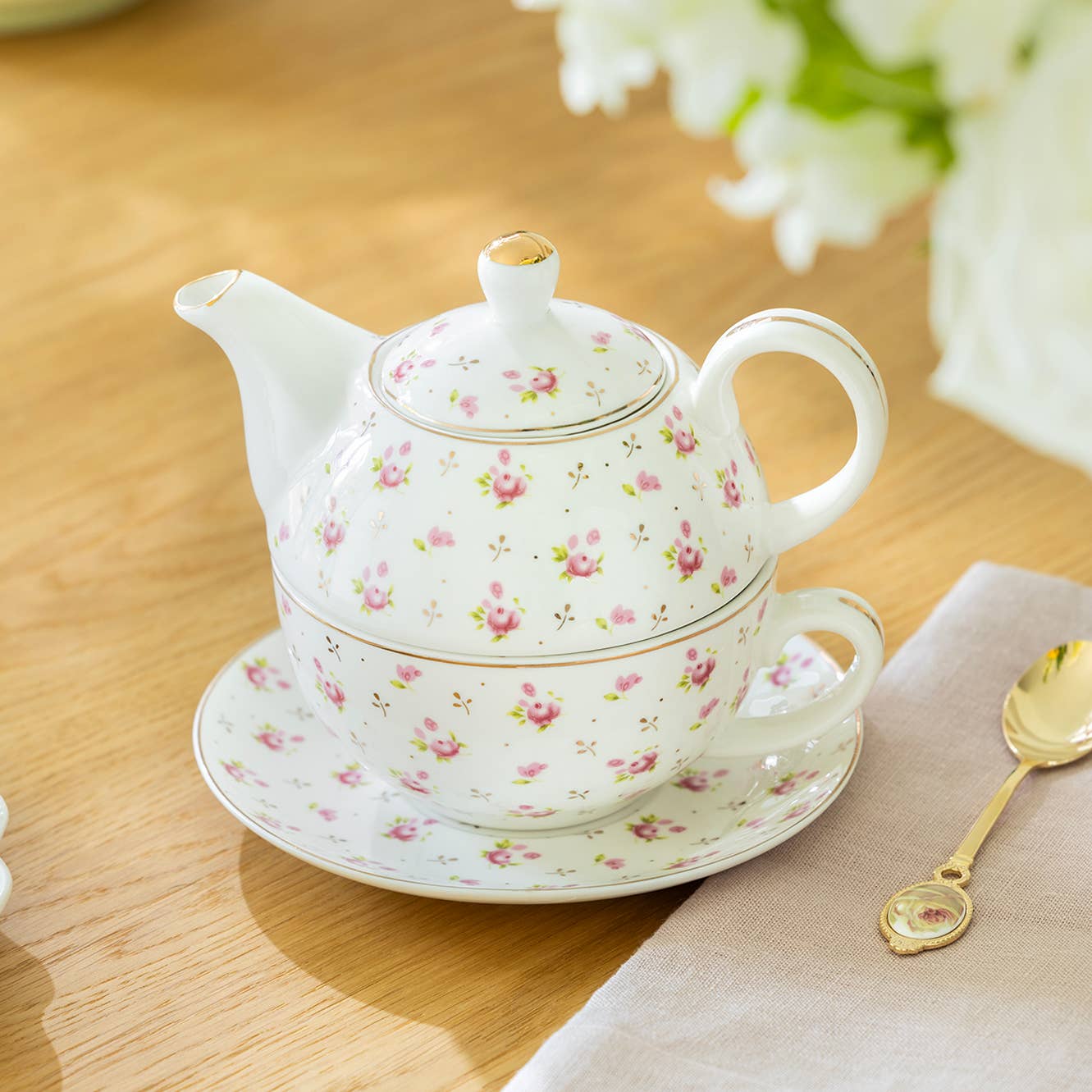 Rose Bud FIne Porcelain Tea for One Set