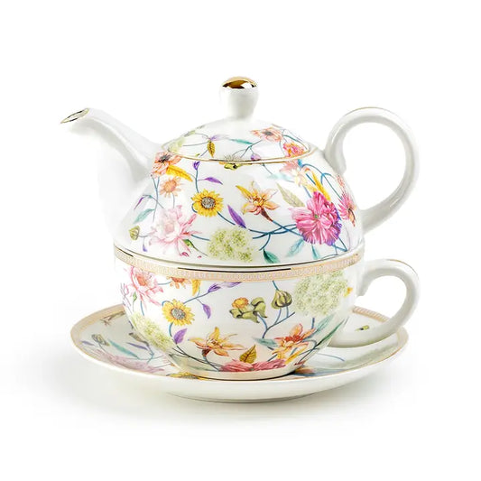 Spring Flowers with Hummingbird Fine Porcelain Tea For One Set