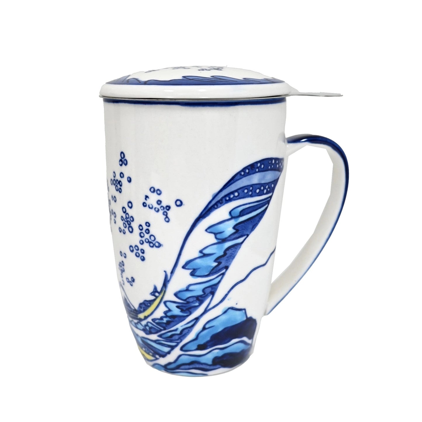 Great Wave Design 15oz Tea Mugs with Lid and Infuser For Loose Leaf Tea