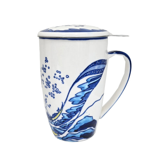 Great Wave Design 15oz Tea Mugs with Lid and Infuser For Loose Leaf Tea